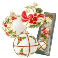 Krebs Glas Lauscha Weihnachtsbaumkugel »Stechpalme, mundgeblasen und handbemalt«, (Set, 3 St.), rot
