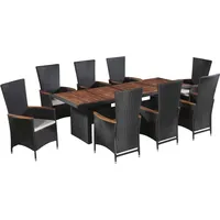 vidaXL Polyrattan Garten-Essgruppe 9-tlg. schwarz inkl. Auflagen 47679