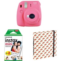 Fujifilm Instax Mini 9 Flamingo Rosa + Doppelpackung 2x 10 Mini Instant Film + Mini Fotoalbum "Melons"