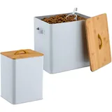 Relaxdays Futterbox, 2er Set, 2 Größen, mit Deckel & Löffel, Bambus, Eisen, Aufbewahrungsbox Trockenfutter, weiß/natur