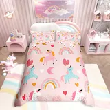 Einhorn Bettwäsche Kids Kinder Mädchen Einhörner Bettbezug 135x200 für Jugendliche Teenager Rosa Pferd Herz Regenbogen Bettwäsche Tiere Motiv Bettwäsche Bunt mit Reißverschluss, Weich Mikrofaser