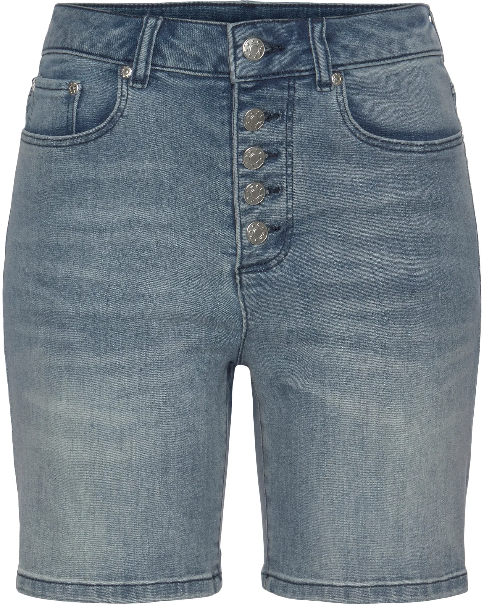 Jeansshorts BUFFALO, Damen, Gr. 34, N-Gr, blau (blau, washed), Denim/Jeans, Obermaterial: 98% Baumwolle, 2% Elasthan, figurbetont ca. Mitte Oberschenkel, Jeans Jeansshorts, in High-Waist-Form, Stretchanteil, Sommerhose, figurbetont, Topseller