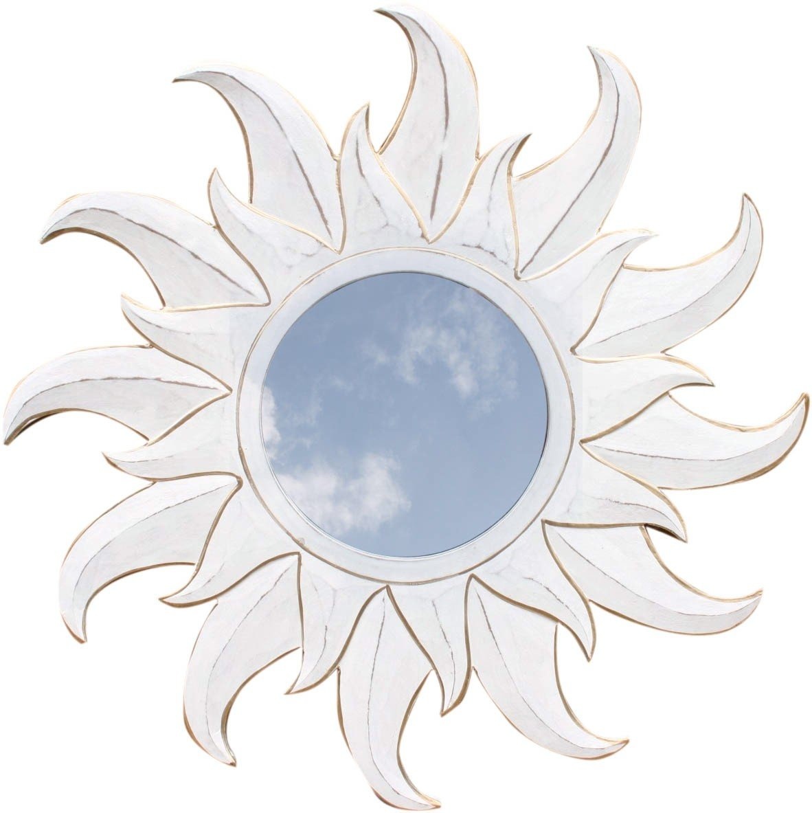 GURU SHOP Sonnenspiegel, Deko Spiegel aus Holz in Sonnenform - Antikweiß 2, Braun, 60x60x1 cm, Dekoration Fürs Kinderzimmer
