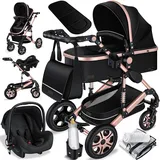 KESSER® Loops 3 in 1 Kinderwagen Kombikinderwagen Komplett-Set inkl. Babywanne & Buggy Sportsitz & Auto-Babyschale Voll-Gummireifen Wickeltasche Regenschutz Kindertisch ECE R129, Schwarz/Rosé Gold