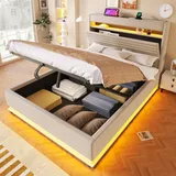 Bett Mit Stauraum 140x200 Cm Leinen Beige, Led-beleuchtung, Usb/typ-c, Hydraulischem Bettkasten