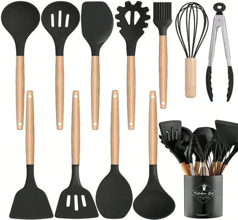 MEOKY 12-teiliges Silikon-Küchenhelfer-Set mit kleinem Ständer - Schwarz