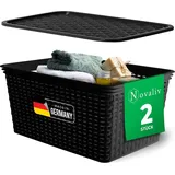 Novaliv 2er Set Eleganter Aufbewahrungskorb mit Deckel in Rattan-Optik | Schwarz Lebensmittelecht Kunststoff 14L – Perfekt für Bad & Kleidungsau...