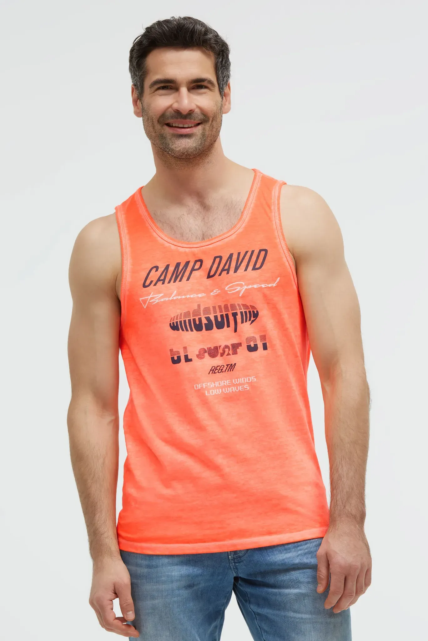 Tanktop CAMP DAVID, Herren, Gr. XL, neon flame, Single Jersey, Material: Grundmaterial: 100% Polyester, Ausbrenner: 100% Baumwolle, bedruckt, regular fit normal, Rundhals, Tops Tanktop, mit Baumwolle