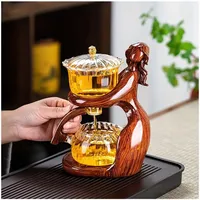 Miyxsin Lazy Kungfu Teekanne Set, Glas Magnetische Teekanne, halbautomatische Wasserführung, magnetische Teekanne mit Teesieb, hitzebeständiges Kungfu-Teeset, Kaffeeset (Red Maiden)