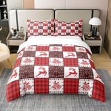 Weihnachten 100% Baumwolle Bettbezug 220x240,Kinder Hirsch Bettwäsche,Frohe Weihnachten Glocken Elch Geweih Tröster Abdeckung,Braunes Rotes Gitter Karierte Bett-Set mit 2 Kissenbezüge,Weihnachts Dekor