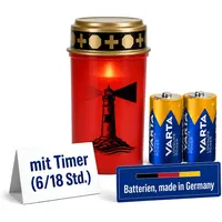 Fachhandel Plus LED Grablicht mit Timer 6/18 Std Motivwahl Grabkerze LED mit Batterie inklusive 2x Varta Longlife C LR14 für Friedhof Gedenkplatz und Außenbereich (Rot, Leuchtturm)