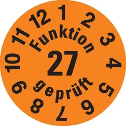 Dreifke® Prüfplakette Funktion gepr.27,orange,Dokumentenfolie,selbstkl.,Ø 15mm,60 St/Bogen