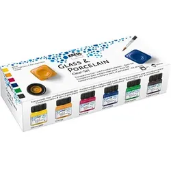 KREUL Clear Porzellanfarben farbsortiert 6 Gläser à 20 ml in Sonnengelb, Orange, Kirschrot, Dunkelblau, Dunkelgrün, Espressobraun, 1 Pinsel