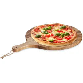 Relaxdays Pizzabrett, aus Akazienholz, Ø 35,5 cm, Pizzateller mit Griff, Käsebrett, Natur