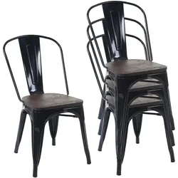 4er-Set Stuhl MCW-A73 inkl. Holz-Sitzfläche, Bistrostuhl Stapelstuhl, Metall Industriedesign stapelbar ~ schwarz