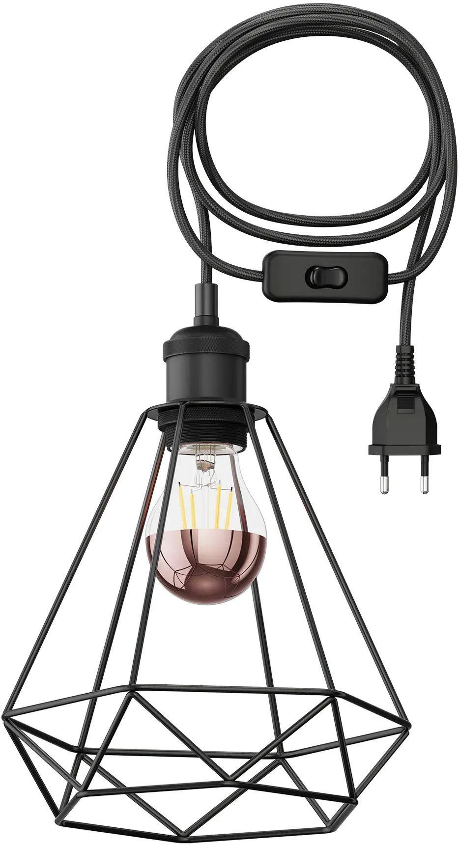 ledscom.de 3 m Textilkabel RETRA, Vintage, Stecker, Schalter, schwarz, Käfig-Schirm + LED Lampe 839lm, warmweiß