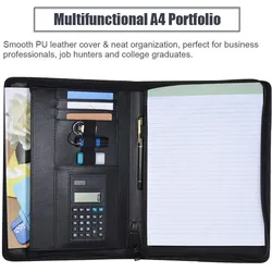 A4-Business-Portfolio-Ordner mit Reißverschluss aus PU-Leder + Taschenrechner