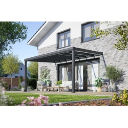 Rexin Terrassendach REXOpremium – hochwertiges Aluminium Terrassendach 4m x 3m, BxT: 406×300 cm, Bedachung VSG-Glas klar oder VSG-Glas grau, mit 4mm starken Profilen, Terrassenüberdachung, Vordach weiß