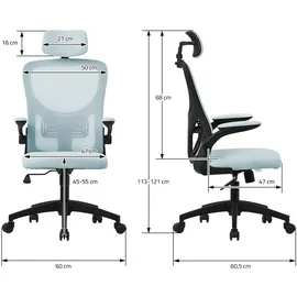 ML-Design Bürostuhl ergonomisch, Blau aus Mesh, mit Verstellbarer Kopfstütze, Armlehnen, Lendenwirbelstütze, Wippfunktion,