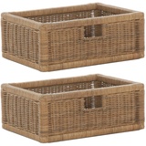 korb.outlet Set / 2 Regalkorb Braun-Hell ca. 42x32x17 mit Holzrahmen Rattan Schubfach Box zur Aufbewahrung Schrankkorb Griff