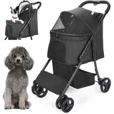 Wedyvko Hundewagen, 2in 1 Hundebuggy bis 10kg, 15 kg klappbar, Hundebuggy Kleine Hunde, Verbesserter Rahmen, Reißverschlusslos, Aufbewahrungskorb, Schwarz