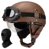 Deutscher Leder Motorrad Halbhelm für Erwachsene Männer Frauen, Vintage Halbschalen-Helm ECE Geprüft Halbschalenhelm mit Schutzbrille Visier, für Fahrrad Cruiser Scooter Chopper