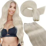 LaaVoo Haartressen Extensions Echthaar Blond Tressen Echthaar zum Einnähen Doppelt Tressen 50cm Echthaar Tressen Zum Einnähen Weißblond Dickes Haare Glatt #60 100g