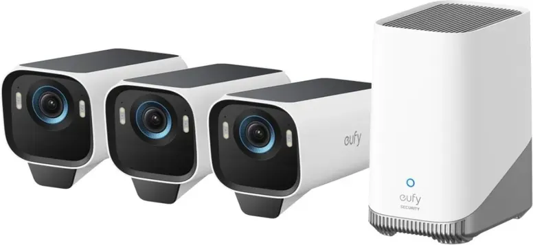 ENABOT eufyCam S3 Pro 3-Kamera-Set, 4K kabellose Solar-Außen-Überwachungskamera, MaxColor-Nachtsicht, Forever Power 2.0, KI-Gesichtserkennung, erweiterbarer lokaler Speicher, ohne monatliche Abonnementkosten