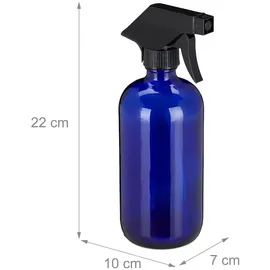 Relaxdays Sprühflasche Glas, 2er Set, 500 ml, nachfüllbar, Nebel & Strahl, Haarpflege, Reinigung, Zerstäuber, leer, blau