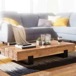 Kadima Design Couchtisch Industrie-Stil, Akazienholz & Schwarz Metall. 130x59x25 cm