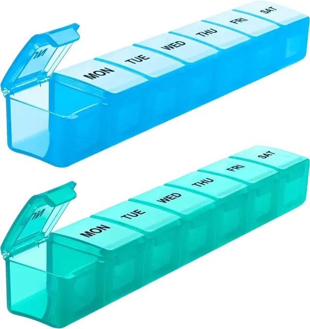 VVM Wöchentlicher Pillen-Organizer Groß 2er-Pack, Extra großer Reise-Pillen-Organizer, Pillenbox für 7 Tage, Reise-Pillen-Etui, Medikamenten-Organizer für Vitamine, Nahrungsergänzungsmittel und Medikamente (Blau+Cyan)