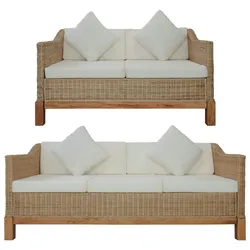vidaXL 2-tlg. Sofagarnitur mit Auflagen Natur Rattan