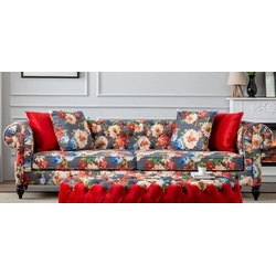 Casa Padrino Luxus Chesterfield Wohnzimmer Sofa mit Blumenmuster Grau / Mehrfarbig / Schwarz 235 x 90 x H. 75 cm - Chesterfield Wohnzimmer Möbel - Luxus Wohnzimmer Möbel - Luxus Einrichtung