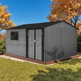 HOMAVO Gerätehaus Metall mit Pultdach, Gartenhaus Metall mit Fundament, 366.1× 301.2 × 213.4 cm, ideal für Garten, Terrasse oder Rasen - Grau