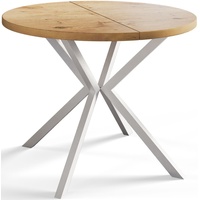 Runder Esszimmertisch LOFT LITE, ausziehbarer Tisch Durchmesser: 90 cm/170 cm, Wohnzimmertisch Farbe: Hellbraun, mit Metallbeinen in Farbe Weiß