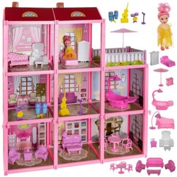KRUZZEL Puppenhaus Puppenvilla mit Puppenfigur: Großes Puppenhaus-Set, (Puppenhaus-Set, Puppenhaus mit 3 Ebenen und Ausstattung), Großes Puppenhaus mit 8 Zimmern und Terrasse für kreatives Spielen rosa