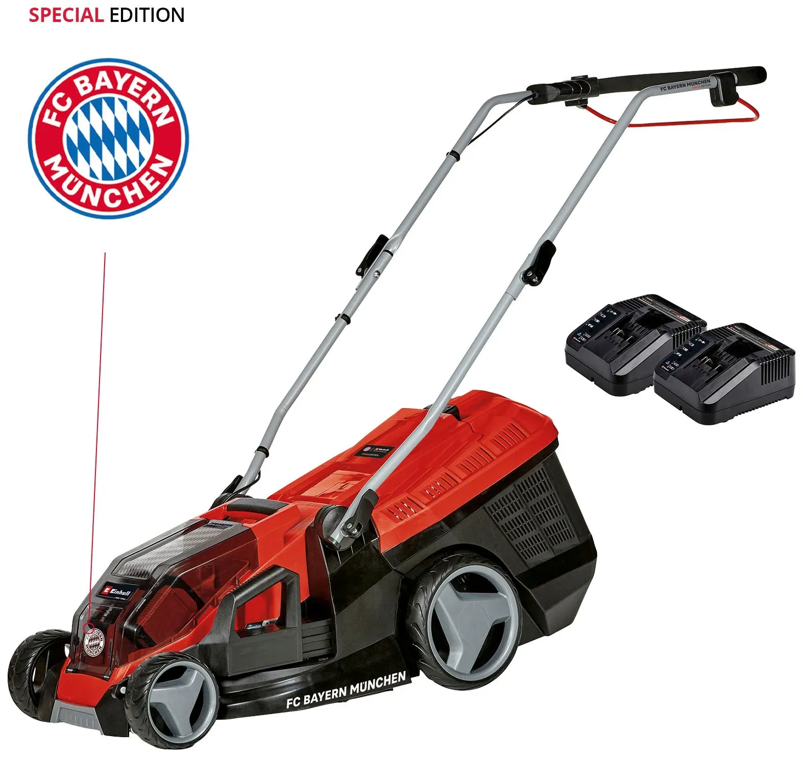 Akku-Rasenmäher EINHELL "GE-CM 36/36 Li Kit - FC Bayern München" Rasenmäher schwarz mit 2 Akkus 18V4,0Ah und Ladegeräte