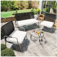 Merax Gartenlounge-Set für 4 Personen mit Eisenrahmen, (4-tlg., 1 2-Sitzer, 2 Sessel, 1 Couchtisch), Gartenmöbel Set Polyrattan, Sitzgruppe, Sitzgarnitur, Balkonmöbel grau