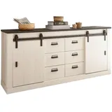 furn.design Sideboard "Stove" weiß Pinie Kommode 201 x 91 cm mit 6 Schubladen und Soft-Close - Weiß, Dunkelgrau