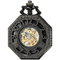 SEWOR Octagon Old School Stil Unisex Analoge hohle arabische Zahlen mechanische Handaufzug-Taschenuhr mit Metallband SEW187 (Schwarz)