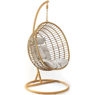 Kobolo Hängekorb"BOHO" mit Gestell und Schwingkorb - Polyrattan braun - Hängestuhl Gartenschaukel Relaxkissen Gartensessel Hängeschaukel Hängesessel Boho