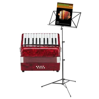 Classic Cantabile Secondo Kinder Akkordeon 8 Bass Set (Kinder-Akkordeon mit 8 Bässen, inkl. Gurt, Tasche, Notenständer & Schule) Rot