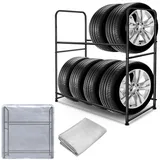 SUBTLETY Reifenregal mit 2 Ebenen für 8 Reifen Stahlkonstruktion Reifenständer 107x46x117cm Garagenregal Belastbar 180KG Felgenbaum mit Staubschutzhülle für Garage Garten Keller Werkstatt