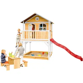 Axi Marc Spielhaus Braun - Weiß mit Roter Rutsche 212 x 432 x 293 cm