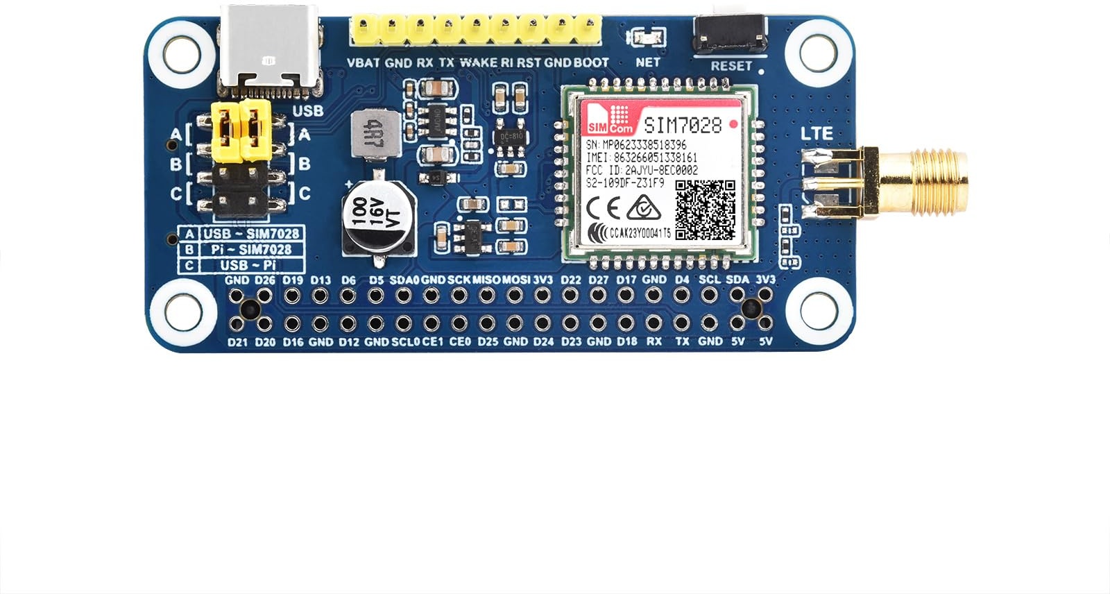 Waveshare SIM7028 NB-IoT HAT for Raspberry Pi/Jetson Nano, Supports Global Band NB-IoT Communication, Small in Size and Low Power Consumption, Onboard 40PIN GPIO Header, with GSM Antenna