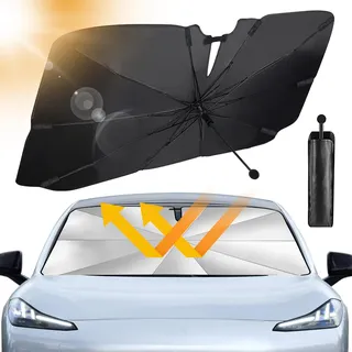 JelKen Auto Sonnenschutz Frontscheibe mit 360° drehbarer Griff | Carbonfaser-Skelett | Effektiver UV-Schutz & Wärmeisolierung | Universal für die meisten Fahrzeuge, 145x83 cm