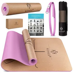KESSER® Yogamatte Kork Inkl. Tragegurt Tasche & Yoga-Block Gymnastikmatte Yoga Matte rutschfest aus Naturkautschuk TPE Fitnessmatte, 183 x 62 Trainingsmatte für Fitness Sportmatte, Gymnastik extradick