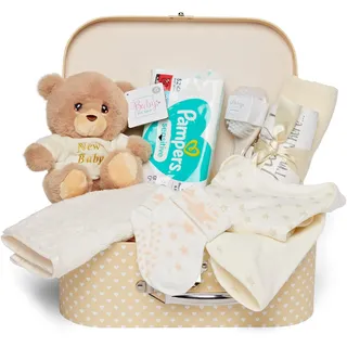 Baby Box Shop Babyparty Geschenk - 12 Baby-Essentials, Baby Geschenkset, Baby Geschenkkorb, Geschenke für eine Babyparty, Neugeborene Geschenkset, Neugeborenen Geschenk, Baby Geschenk Set - Creme