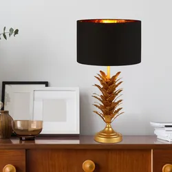 Tischleuchte Tischlampe Beistellleuchte Wohnraumleuchte Ananas Designlampe Gold mit Textilschirm, Metall schwarz, 1x E27 Fassung, DxH 28x53 cm