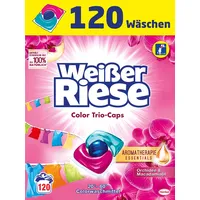 Weißer Riese Color Trio-Caps Aromatherapie Essentials (120 Wäschen), Waschmittel mit Orchidee & Macadamiaöl, Colorwaschmittel mit ätherischen Ölen & intensivem Frische-Effekt